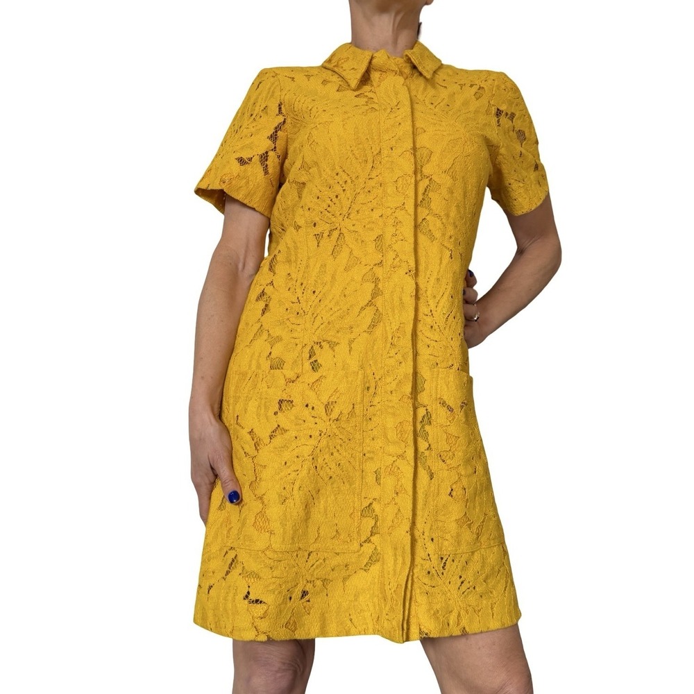 Ted Baker Rille Lace Shirt Dress Short Sleeve Button Down Yellow Mini Women's M - Picture 9 of 16